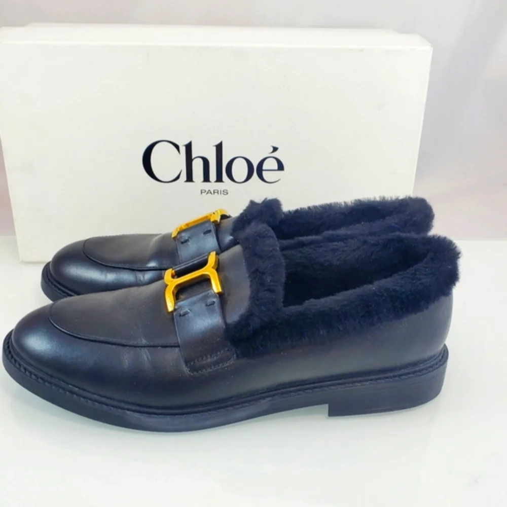 NWT$1,050 Chloé Marcie Black Shearling-Trimmed Leather Marcie Loafers Sz 40 (10)
